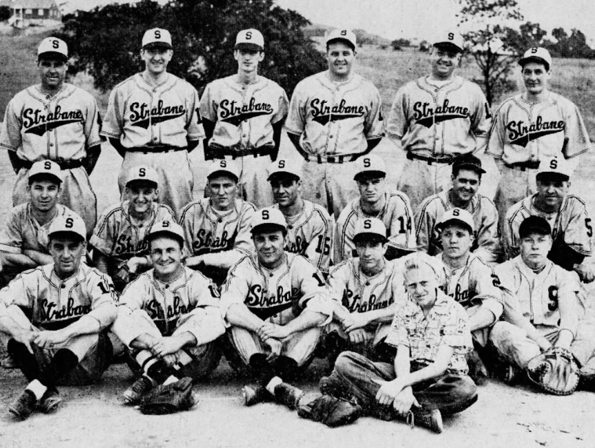 Ed Butka with 1949 Semi Pro Strabane Tomsic Brothers baseball team - top left second spot.png